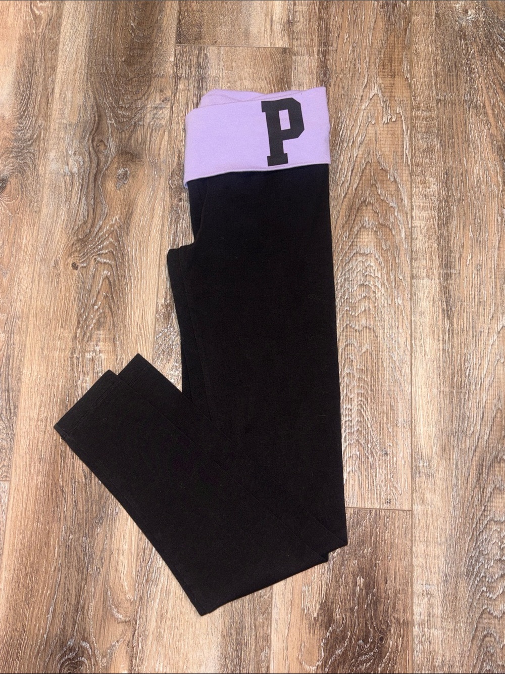 PINK Victoria's Secret Black Leggings with Lavender Fold-Over Waistband